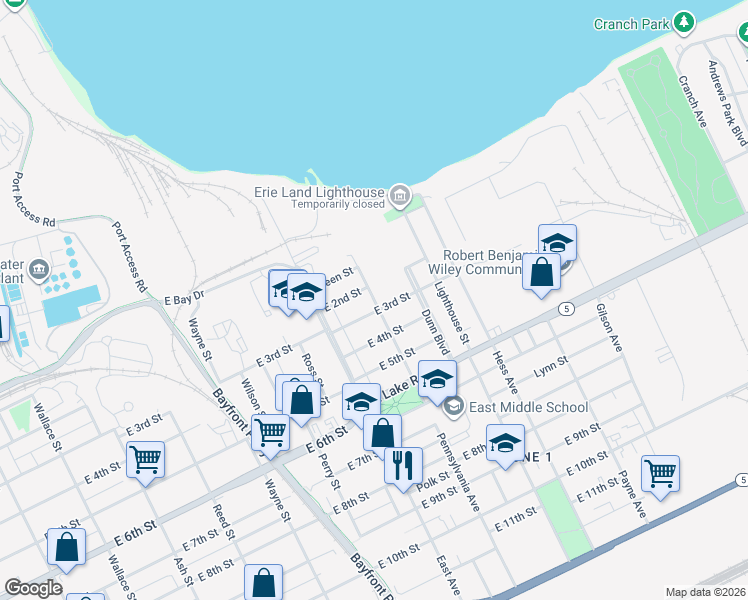 map of restaurants, bars, coffee shops, grocery stores, and more near 1105 East 3rd Street in Erie