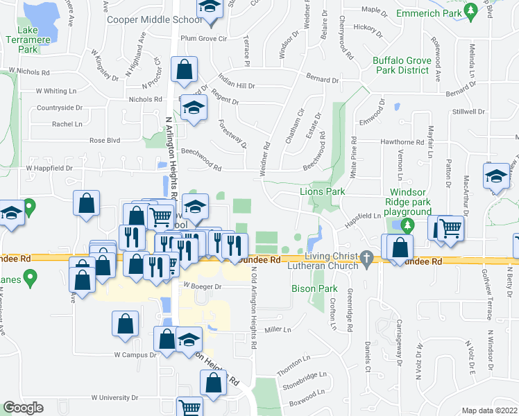map of restaurants, bars, coffee shops, grocery stores, and more near 740 Weidner Road in Buffalo Grove