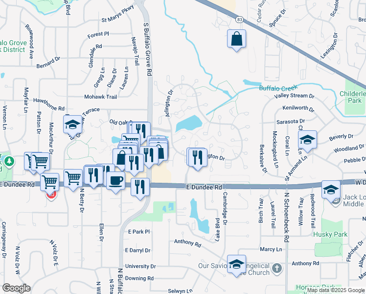 map of restaurants, bars, coffee shops, grocery stores, and more near 1602 Brittany Court in Wheeling