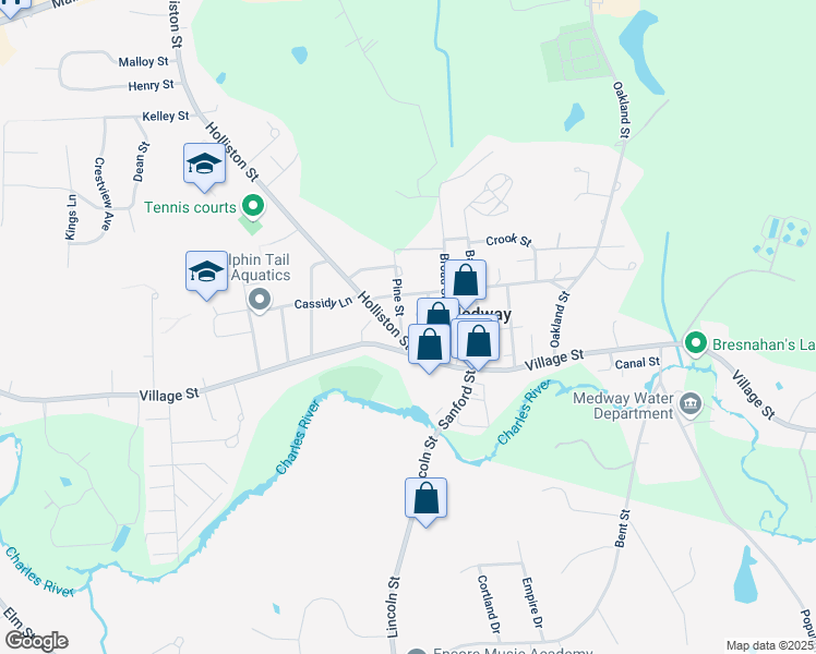 map of restaurants, bars, coffee shops, grocery stores, and more near 180 Village Street in Medway