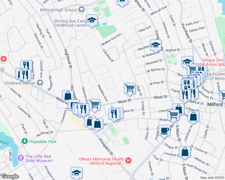 map of restaurants, bars, coffee shops, grocery stores, and more near 12 Union Street in Milford