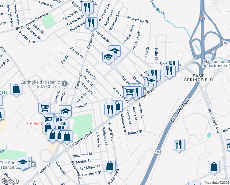 map of restaurants, bars, coffee shops, grocery stores, and more near 54 Windemere Street in Springfield