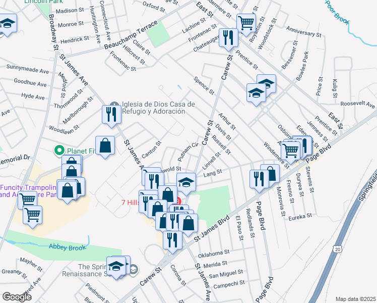 map of restaurants, bars, coffee shops, grocery stores, and more near 56 Baldwin Street in Springfield