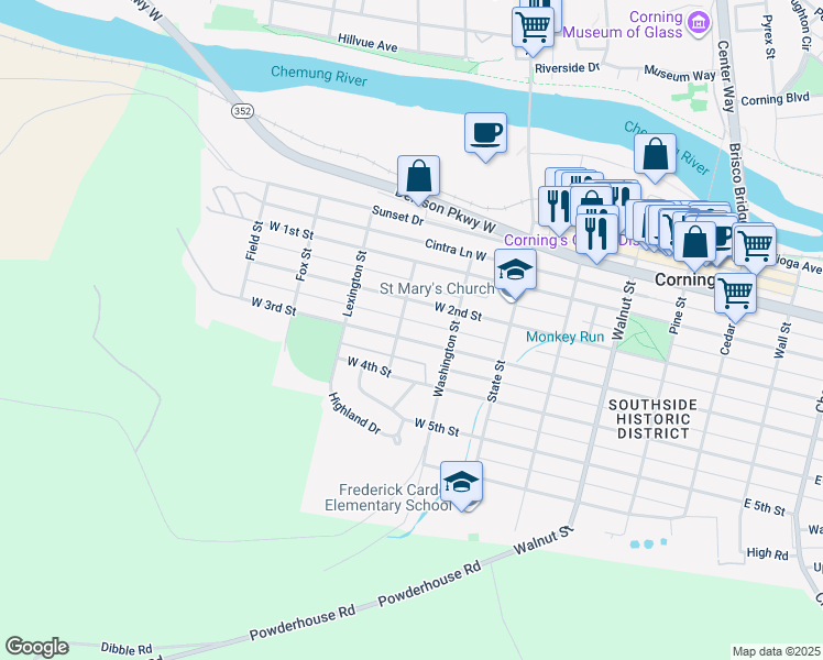 map of restaurants, bars, coffee shops, grocery stores, and more near 240 West 3rd Street in Corning