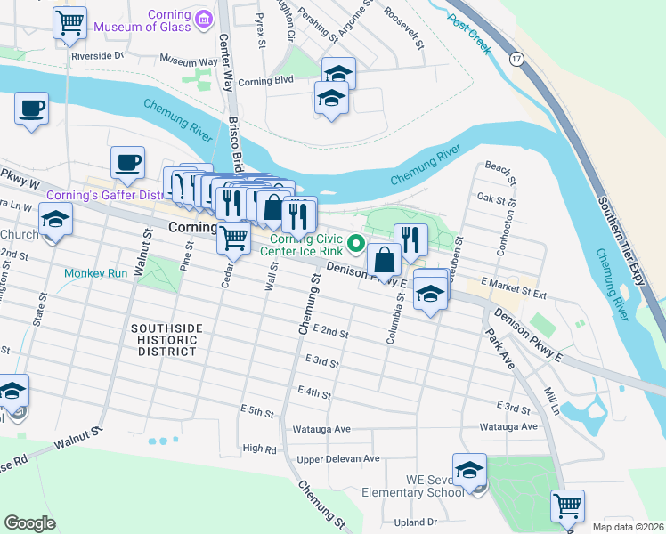 map of restaurants, bars, coffee shops, grocery stores, and more near 122 Denison Parkway East in Corning