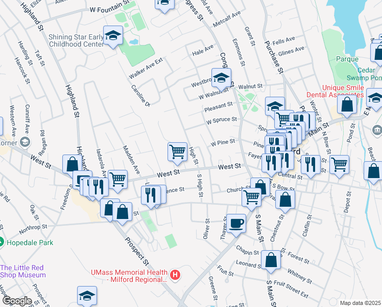 map of restaurants, bars, coffee shops, grocery stores, and more near 46 High Street in Milford