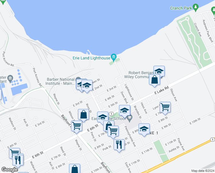 map of restaurants, bars, coffee shops, grocery stores, and more near 207 Pennsylvania Avenue in Erie