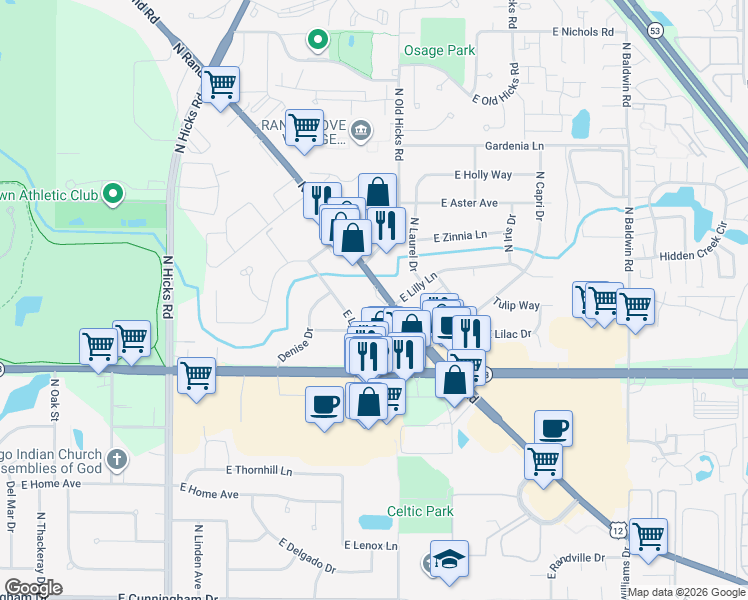 map of restaurants, bars, coffee shops, grocery stores, and more near 1720 North Rand Road in Palatine