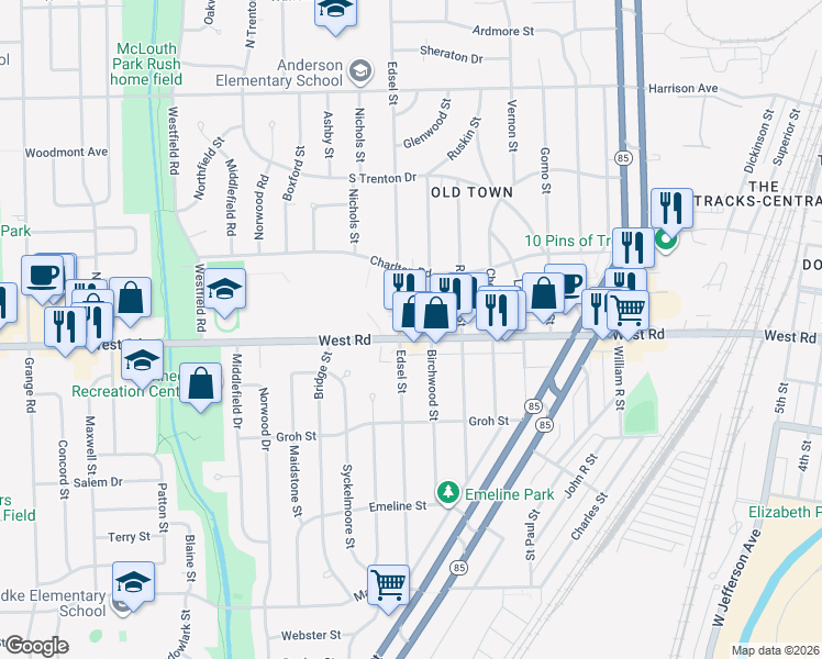 map of restaurants, bars, coffee shops, grocery stores, and more near 2330 West Road in Trenton