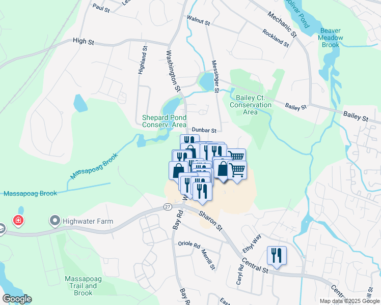 map of restaurants, bars, coffee shops, grocery stores, and more near 132 Washington Street in Canton