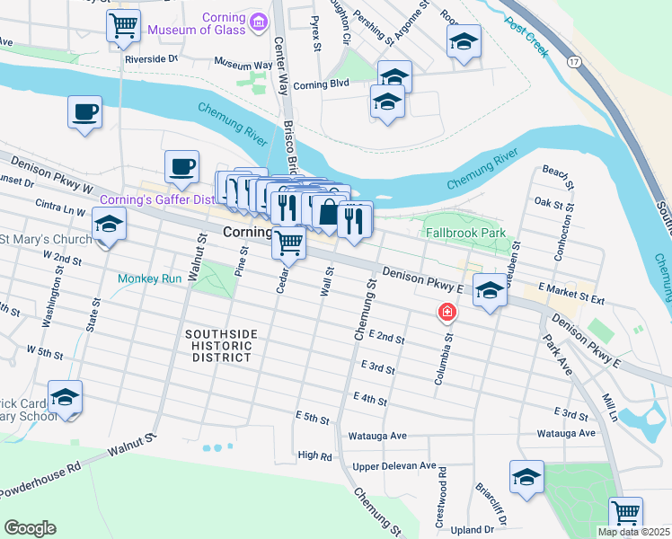 map of restaurants, bars, coffee shops, grocery stores, and more near 107 East 1st Street in Corning