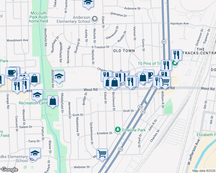 map of restaurants, bars, coffee shops, grocery stores, and more near 2330 West Road in Trenton