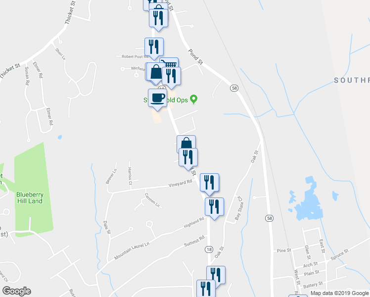 map of restaurants, bars, coffee shops, grocery stores, and more near 1431 Bedford Street in Abington