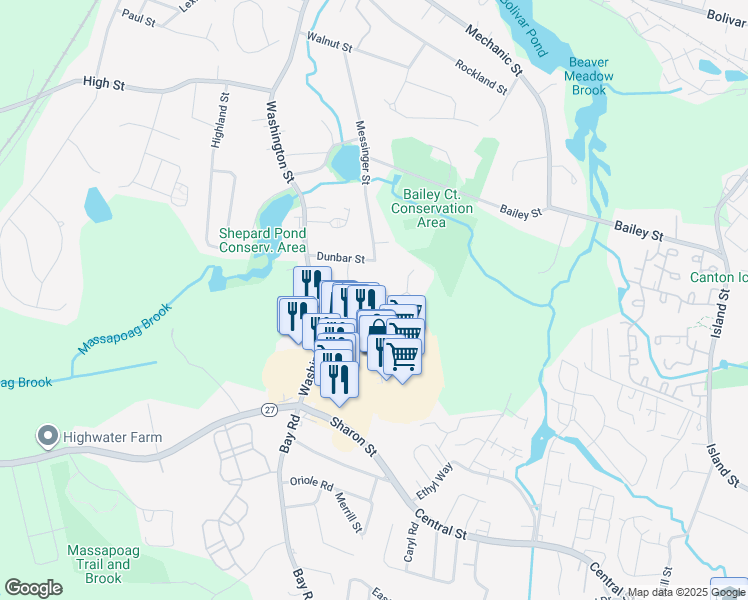 map of restaurants, bars, coffee shops, grocery stores, and more near 95 Washington Street in Canton