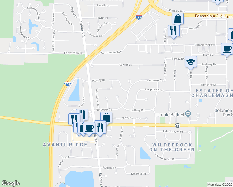 map of restaurants, bars, coffee shops, grocery stores, and more near 4024 Brittany Court in Northbrook