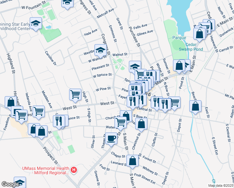 map of restaurants, bars, coffee shops, grocery stores, and more near 1 West Street in Milford