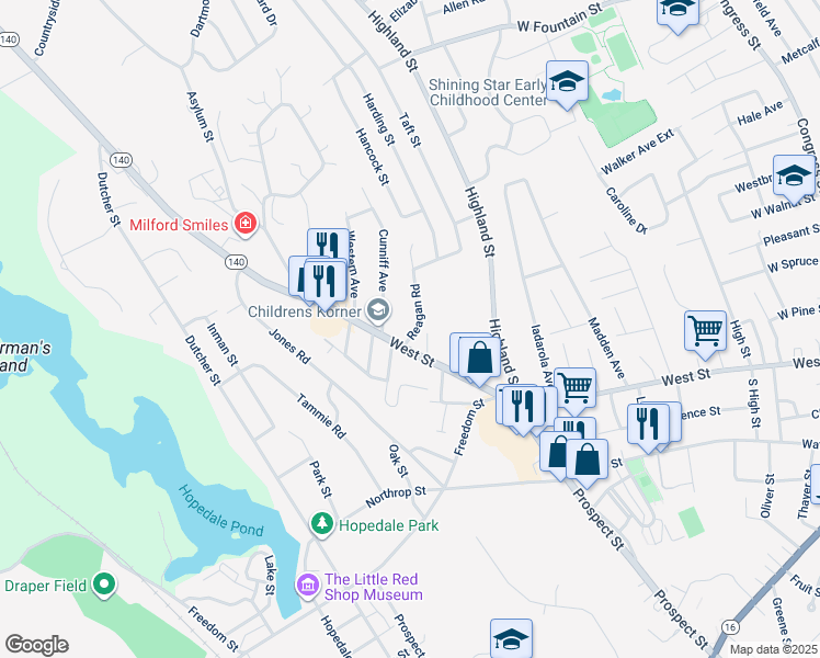 map of restaurants, bars, coffee shops, grocery stores, and more near 171 Massachusetts 140 in Milford