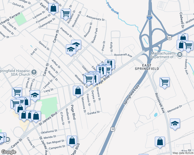map of restaurants, bars, coffee shops, grocery stores, and more near 604 Page Boulevard in Springfield