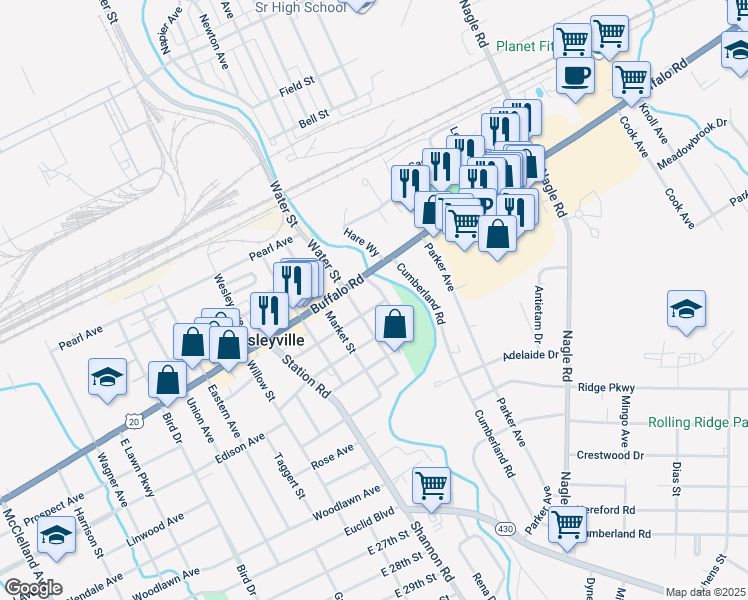map of restaurants, bars, coffee shops, grocery stores, and more near 3614 Fremont Street in Erie