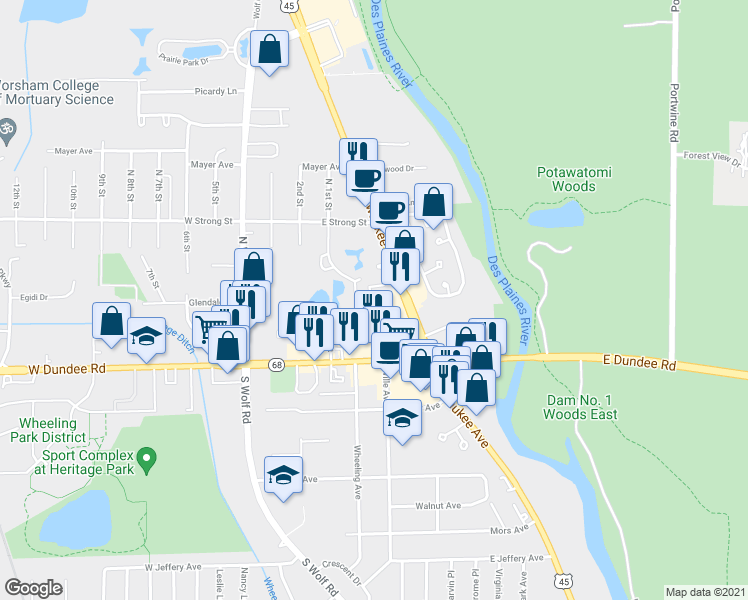 map of restaurants, bars, coffee shops, grocery stores, and more near 100 North Milwaukee Avenue in Wheeling
