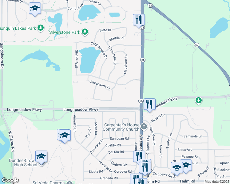 map of restaurants, bars, coffee shops, grocery stores, and more near 2431 Silverstone Drive in Carpentersville