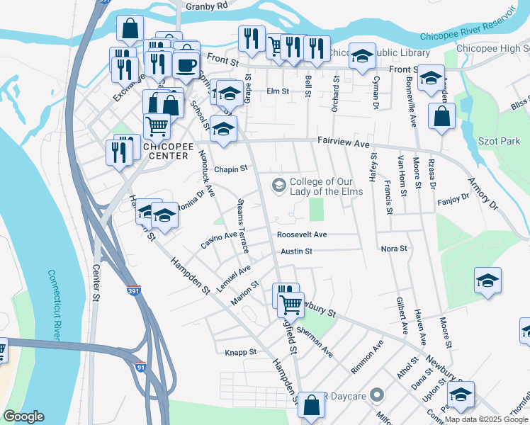map of restaurants, bars, coffee shops, grocery stores, and more near 291 Springfield Street in Chicopee