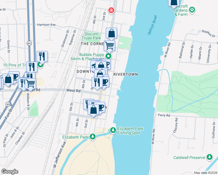 map of restaurants, bars, coffee shops, grocery stores, and more near 2771 Riverside Drive in Trenton