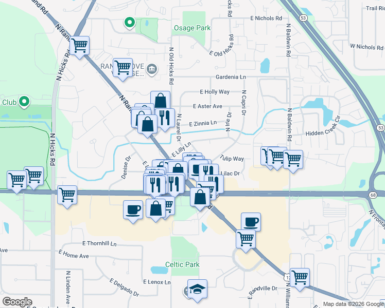 map of restaurants, bars, coffee shops, grocery stores, and more near 1764 North Rose Avenue in Palatine