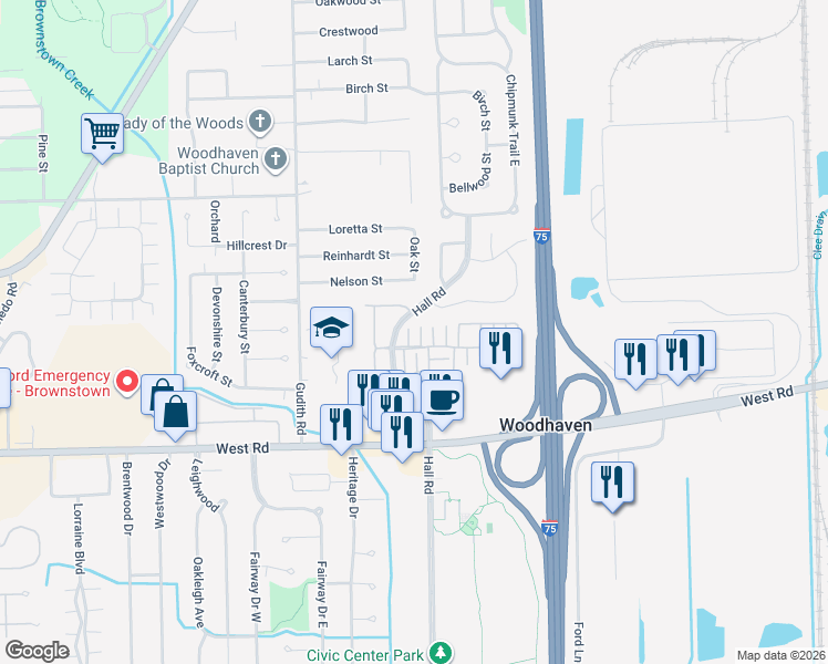 map of restaurants, bars, coffee shops, grocery stores, and more near 24007 Fairlane Boulevard in Woodhaven
