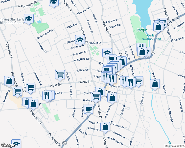 map of restaurants, bars, coffee shops, grocery stores, and more near 31 Congress Street in Milford