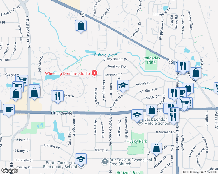 map of restaurants, bars, coffee shops, grocery stores, and more near 120 Coral Lane in Wheeling