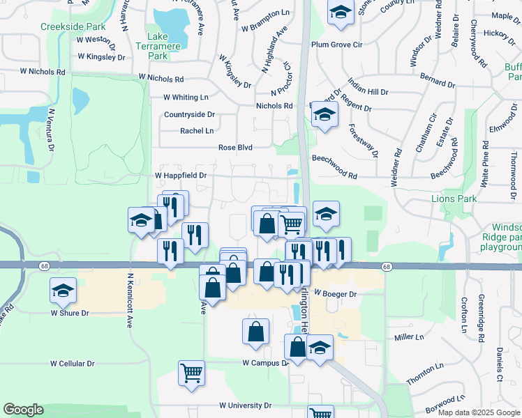 map of restaurants, bars, coffee shops, grocery stores, and more near 685 Grove Drive in Buffalo Grove
