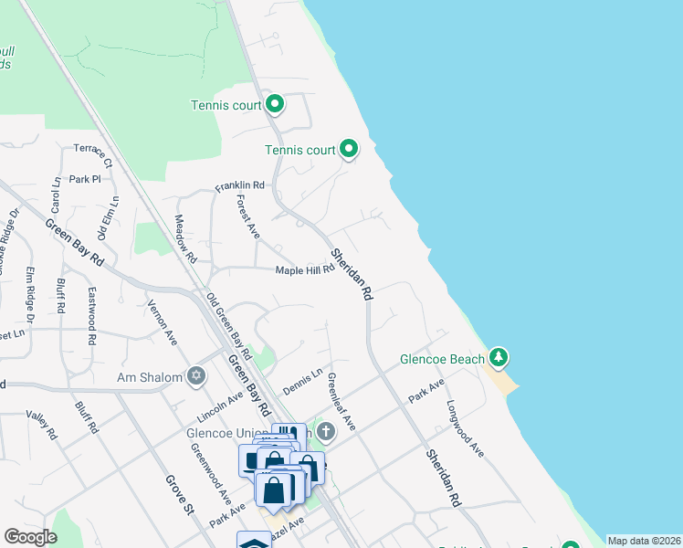 map of restaurants, bars, coffee shops, grocery stores, and more near 850 Sheridan Road in Glencoe