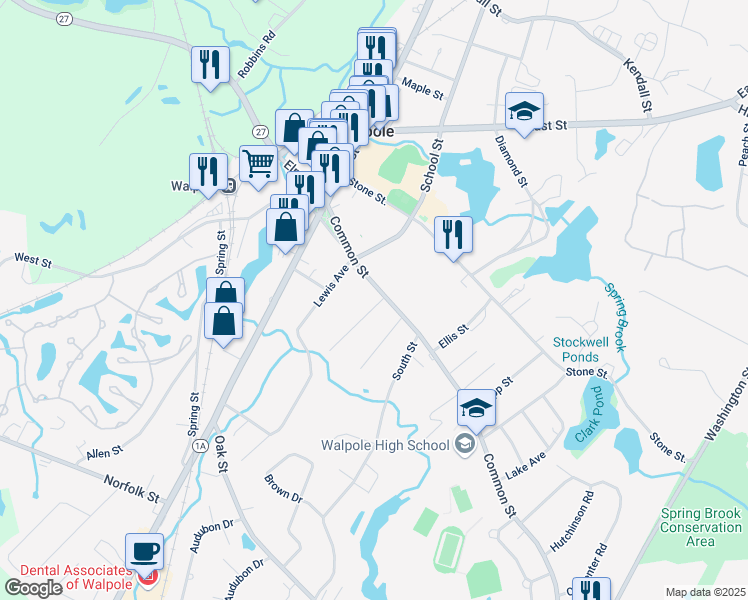 map of restaurants, bars, coffee shops, grocery stores, and more near 18 Riverside Place in Walpole