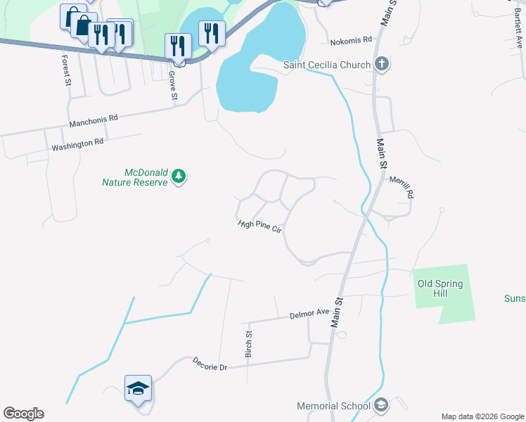 map of restaurants, bars, coffee shops, grocery stores, and more near 5 Balsam Drive in Wilbraham