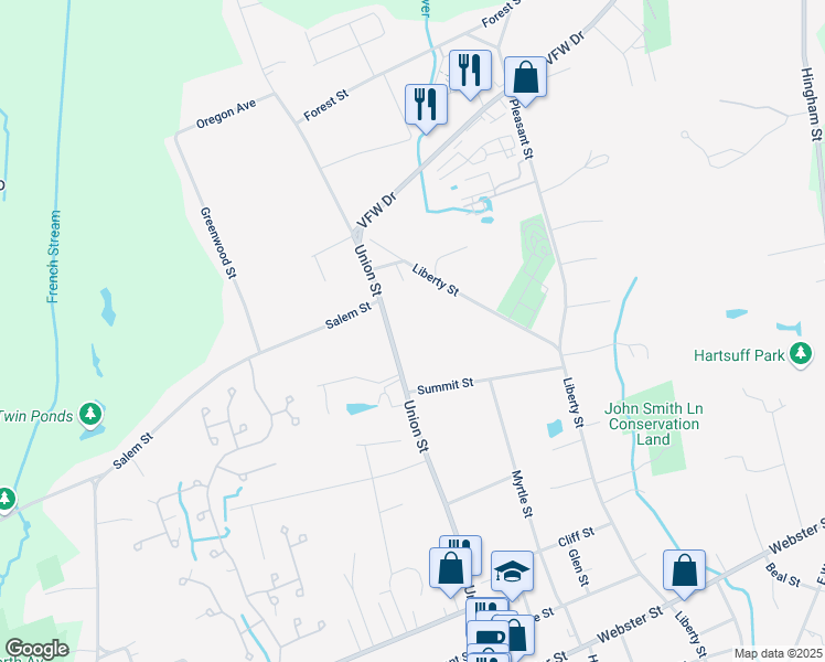 map of restaurants, bars, coffee shops, grocery stores, and more near 701 Union Street in Rockland
