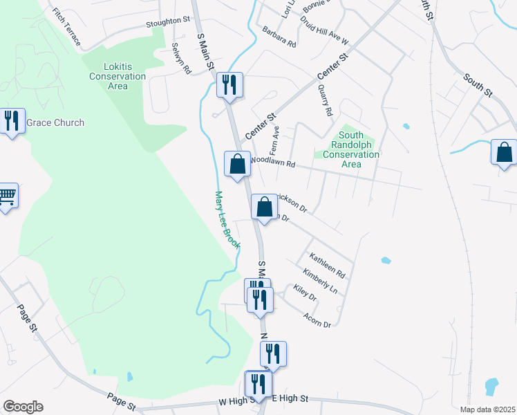 map of restaurants, bars, coffee shops, grocery stores, and more near 650 South Main Street in Randolph