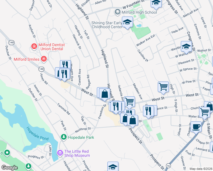 map of restaurants, bars, coffee shops, grocery stores, and more near 9 Highland Street in Milford