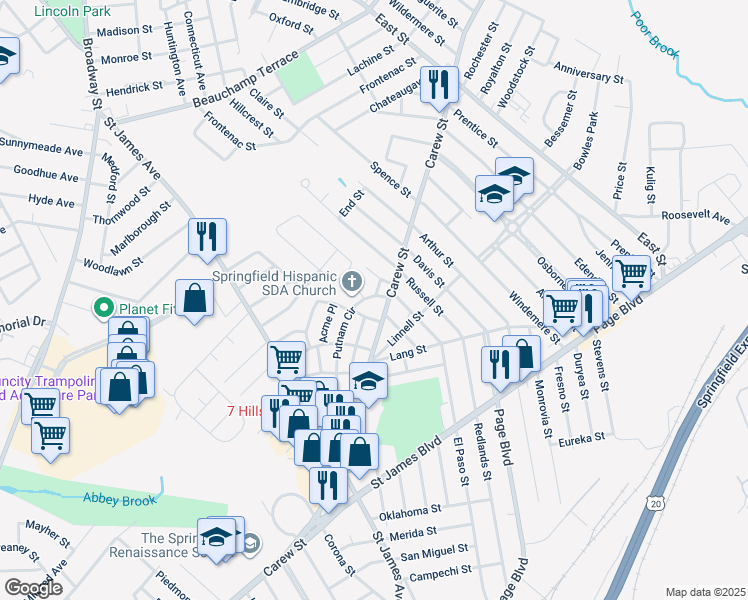 map of restaurants, bars, coffee shops, grocery stores, and more near 56 Baldwin Street in Springfield