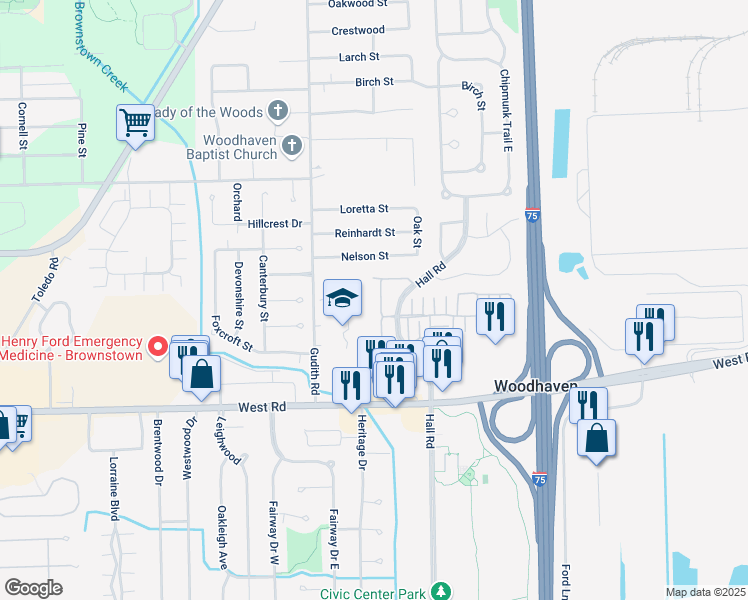 map of restaurants, bars, coffee shops, grocery stores, and more near 22540 Silver Creek Drive in Trenton