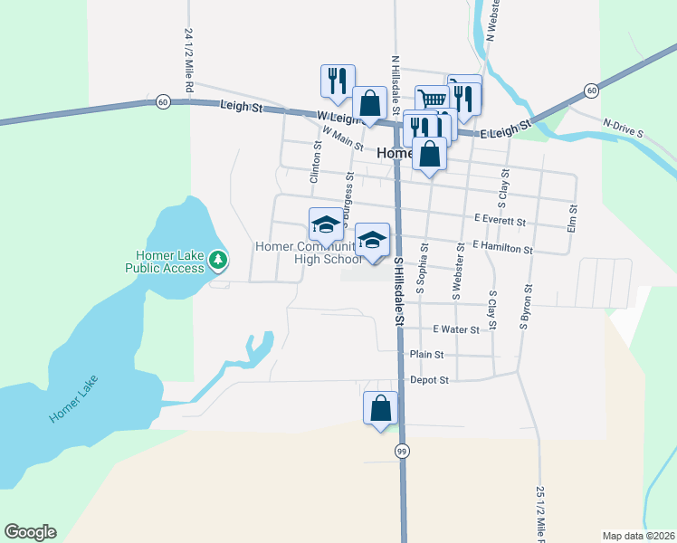 map of restaurants, bars, coffee shops, grocery stores, and more near 301-399 West Fulton Street in Homer