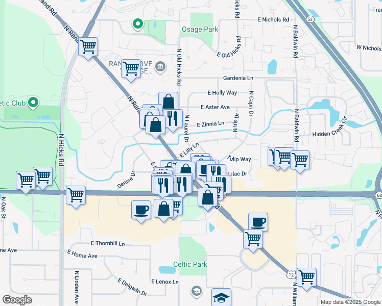 map of restaurants, bars, coffee shops, grocery stores, and more near 1719 North Rand Road in Palatine