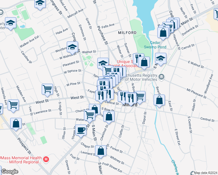 map of restaurants, bars, coffee shops, grocery stores, and more near 10 School Street in Milford