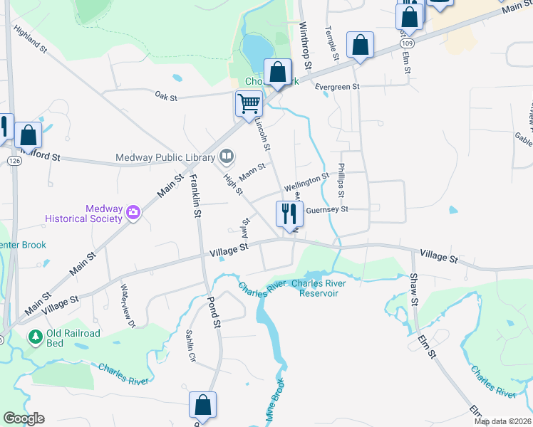 map of restaurants, bars, coffee shops, grocery stores, and more near 19 Lincoln Street in Medway
