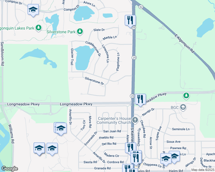 map of restaurants, bars, coffee shops, grocery stores, and more near 2301 Silverstone Drive in Carpentersville