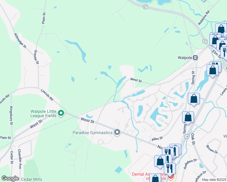 map of restaurants, bars, coffee shops, grocery stores, and more near 320-390 West Street in Walpole