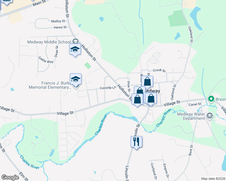 map of restaurants, bars, coffee shops, grocery stores, and more near 16 Holliston Street in Medway