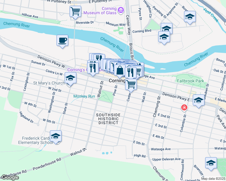 map of restaurants, bars, coffee shops, grocery stores, and more near in Corning