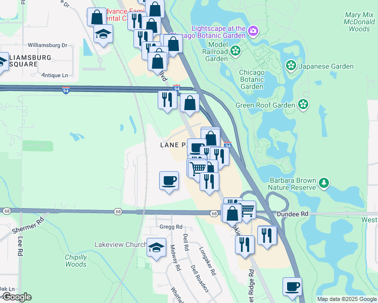 map of restaurants, bars, coffee shops, grocery stores, and more near 500 Skokie Boulevard in Northbrook