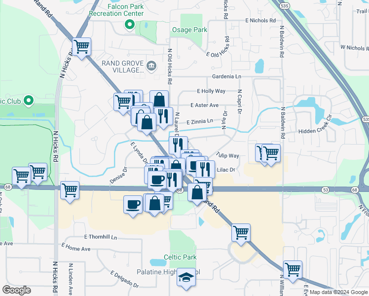 map of restaurants, bars, coffee shops, grocery stores, and more near 842 East Lilly Lane in Palatine